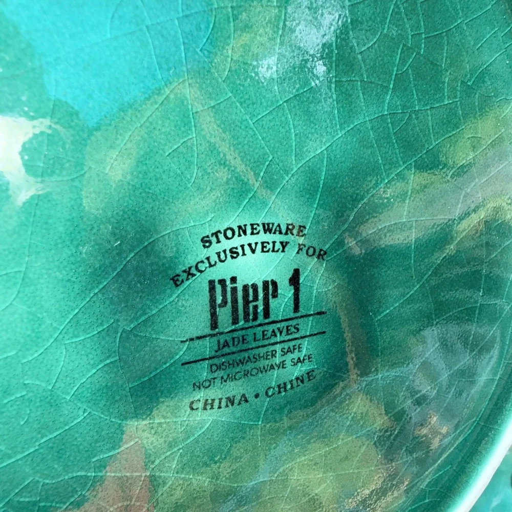 Pier 1 Teapot Jade Leaves Green‎ Excellent Stoneware Embossed Crackle Glaze
